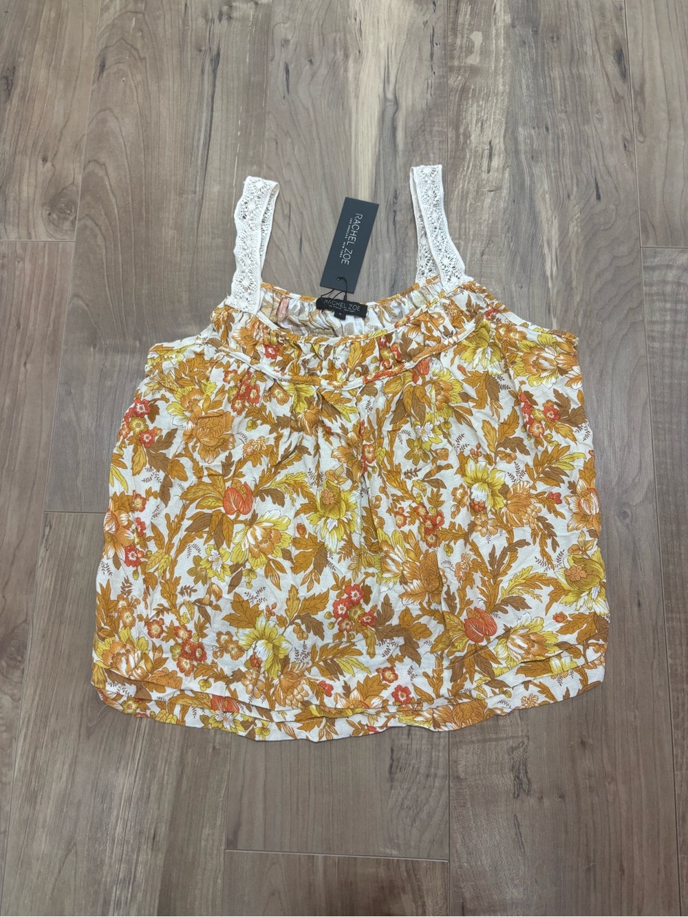 Rachel Zoe White Tank Top with Gold and Orange Floral Print